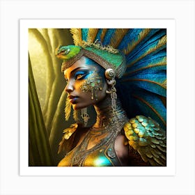 Firefly A Modern Illustration Of A Fierce Native American Warrior Peacock Iguana Hybrid Femme Fatale (8) Art Print