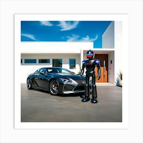 A Sleek Charcoal Grey Lexus Sports Car Is Parked In Front Of A Beautiful Modern House Guarded By A Futuristic Robot 2 Art Print