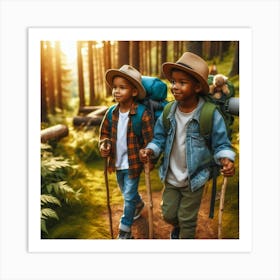 Two Boys Hiking In The Forest Art Print