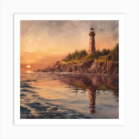 Serene Sunset A Captivating Watercolor Of A Coastal Lighthouse And Tranquil Ocean (2) Art Print