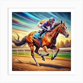 Racehorse Running On A Track With Colorful Blurred Background Art Print