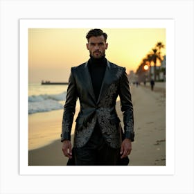 Man In Black Suit On The Beach Art Print