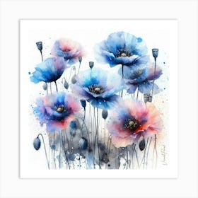 Wet On Wet Blue Poppie Flowers Art Print