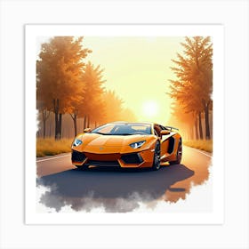 Lamborghini Aventador In A Watercolor Scene With Golden Hour Light 1 Art Print