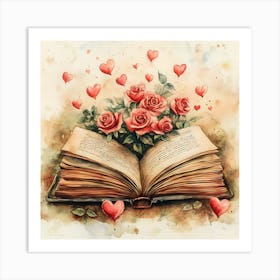 Watercolor Romantic Book Roses Hearts Art Print