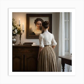 Contemplative Woman At Sideboard Vintage Interior Oil Painting Art Print