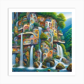 Inspired by the architectural fantasies of Friedensreich Hundertwasser: A gravity-defying building cascading down a waterfall, 1 Art Print