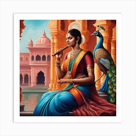 Indian Woman Playing Flute Art Print