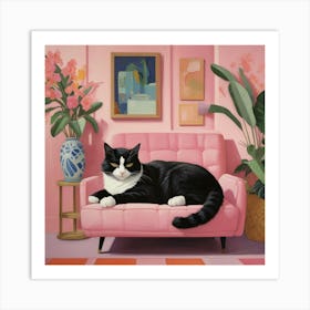 Default Cat Nap Tuxedo Cat Napping In Pink Interior Art 0 Art Print