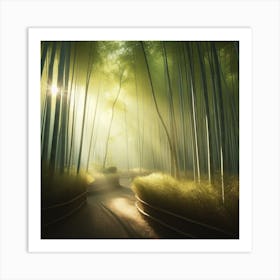 A peaceful and serene bamboo forest bathed in soft sunlight.4 Art Print