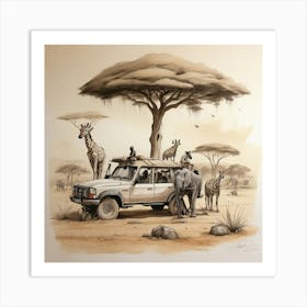 Giraffes And Elephants Art Print