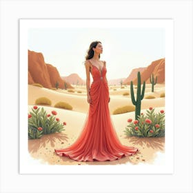 Beautiful Dress Watercolor, In A Stunning Desert Oasis 1 Art Print