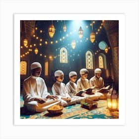 Muslim Children Praying In Mosqueلمشاعر الروحانية في رمضان Art Print