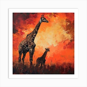 Giraffe & Calf In The Sunset Red Brushstrokes 3 Art Print