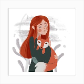 Fox and young girl Art Print