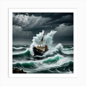 Wave Dancers: Trawler and Seagulls in Harmony Art Print