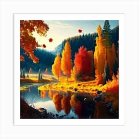 Autumn Trees In A River Art Print