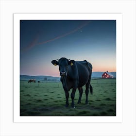 A Black Cow Standing In A Field At Sunrise Art Print