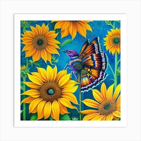 Sunflowers And Butterflies 28 Art Print