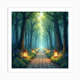 Mystical Watercolor Forest Path With Glowing Lanterns 1 Art Print