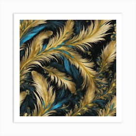 Gold And Blue Feathers Art Print