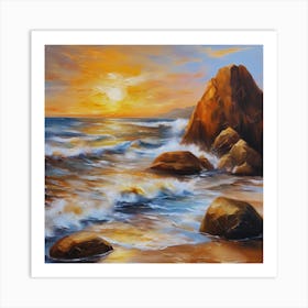 The sea. Beach waves. Beach sand and rocks. Sunset over the sea. Oil on canvas artwork.38 Art Print