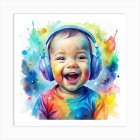 Smiling Baby Wearing Headphones Art Print