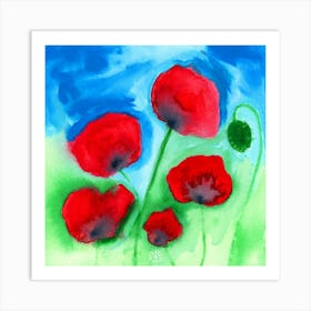 Poppies - flowers floral red green blue square Art Print