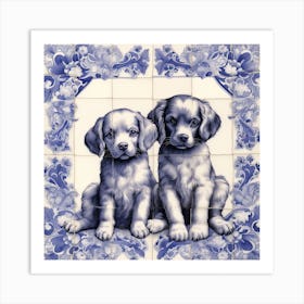 Puppies Dog Delft Tile Illustration 4 Art Print