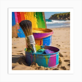 Rainbow themed paint can on beach Art Print