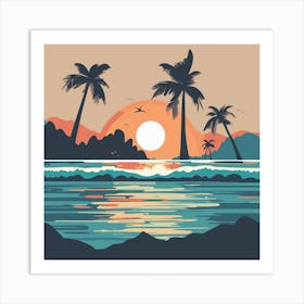 Sunset At The Sea Beach Dolphins Palm Trees Art Print