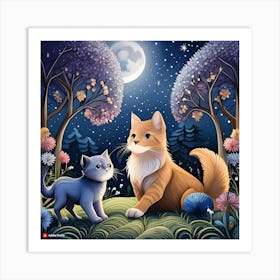 Two Cats In The Moonlight Art Print