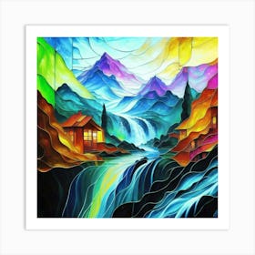 Abstract art stained glass art of a mountain village in watercolor 7 Art Print