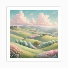 Soft and dreamy pastel-colored landscape with rolling hills, fluffy clouds, and blooming flowers. The scene should be whimsical and gentle, evoking a sense of peace and serenity. Art Print