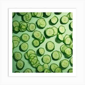 Cucumber Slices On A Green Background Art Print