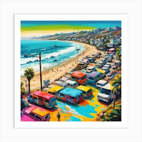 Cars Homes Beachgoers Along The Shoreline Art Print