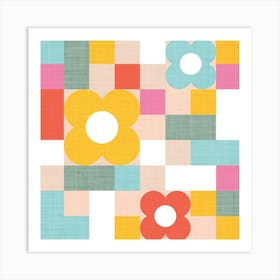 Retro Geo Summer Playful 70s floral and Checks in Rainbow Pastels Art Print