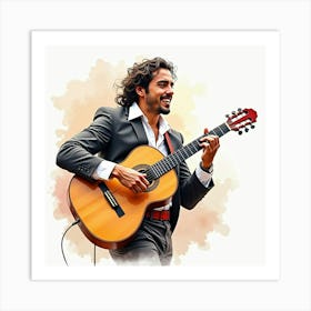 Spanish Flamenco Guitarist Playing Passionately, Rendered In Watercolor Art Print