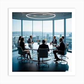 Business Team In Mid Strategizing Session Seated Around A Sleek Oval Glass Table Reflecting Ambien (3) Art Print