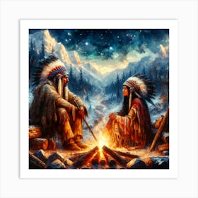 Oil Texture Native American Couple By Stream 4 Copy Art Print