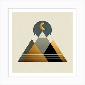 "Midnight Crescent Over Golden Peaks"  "Midnight Crescent Over Golden Peaks" offers a serene depiction of a moonlit landscape, where the crescent moon's glow illuminates the summit of geometric mountains. The piece's luxurious gold accents and the calming gradients create an atmosphere of tranquil sophistication, ideal for modern interiors seeking a touch of nocturnal elegance. Art Print