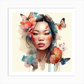 Watercolor Floral Asian Woman #1 Art Print