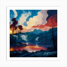 Vibrant sunset over a serene landscape Art Print