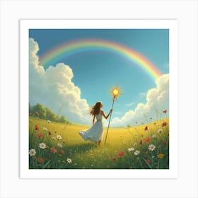 A Woman Standing In A Meadow Of Wildflowers, Holding A Magical Staff, With A Rainbow In The Background Art Print