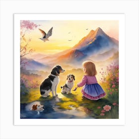 Little Girl With Dogs Art Print