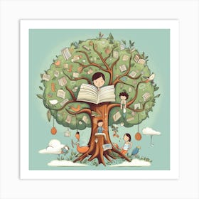 Children Reading Tree Art Print