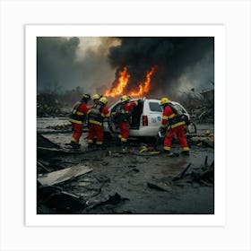 Firefighter Rescues A Car Art Print