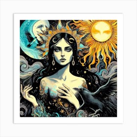 Crow Moon Sun And Maiden Art Print