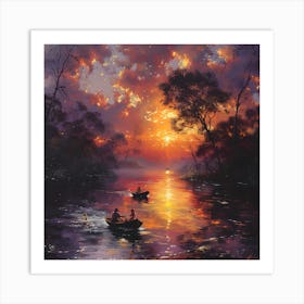 Sunset On The River, In Warm Colors, Impressionism, Surrealism Art Print
