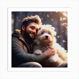 Portrait Of A Man Hugging His Dog Art Print